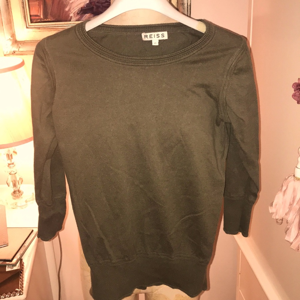 Reiss XS Bella olive crew sweater 95% cotton 3/4 sleeve vintage